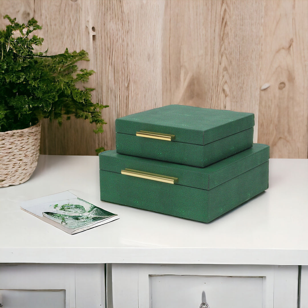 5825-2GRN - Lusan Square Shagreen Boxes - Green